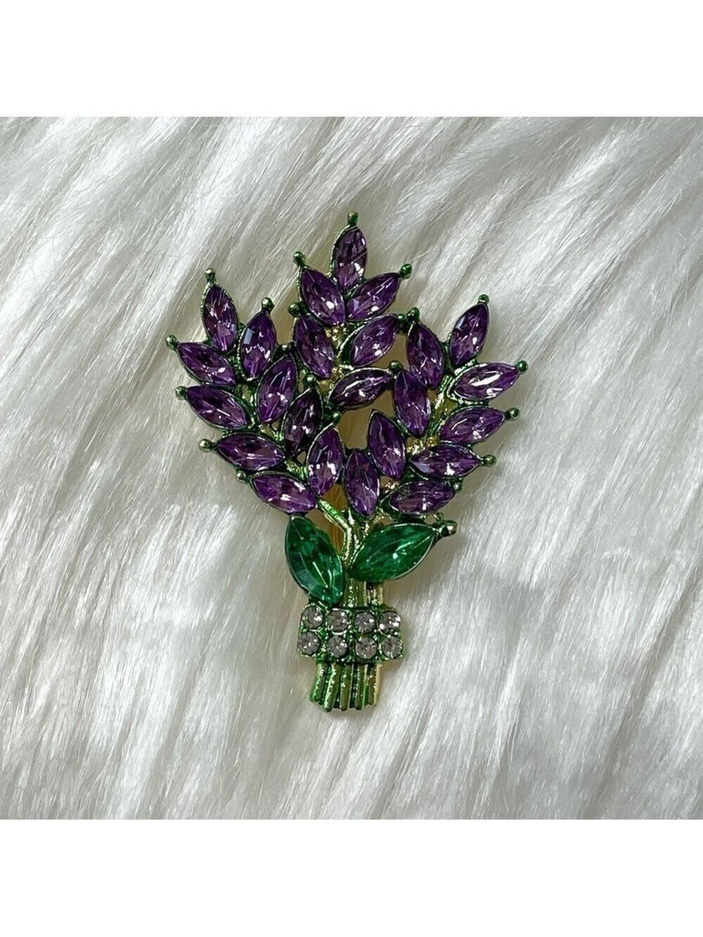 Brooch Pin Purple and Green Crystal Flower Bouquet New - Picture 4 of 4